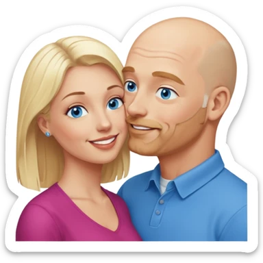 middle age bald man with salt and blonde scruff, blue eyes a.  Kissing blonde woman with blue eyes sticker