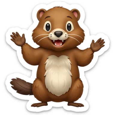  A crazy beaver is standing on its hind legs with its front paws stretched out in front of it. It has a brown fur coat with white fur around its eyes and nose. mouth is open, revealing sharp teeth. More craziness sticker