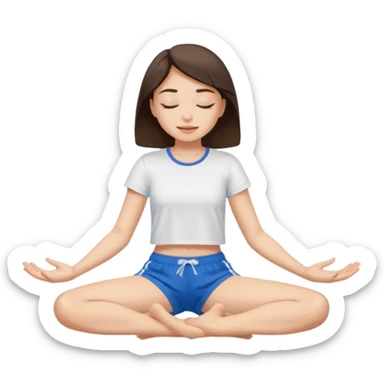 brunette girl with closed eyes in blue shorts and a white t-shirt sits on the splits sticker
