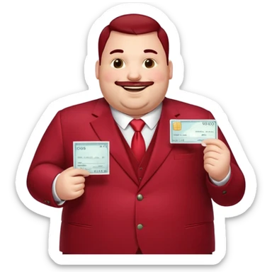 huge fat guy bold head in dark red velvet suit holding cheque sticker