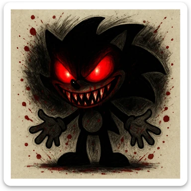Make Sonic.exe even scarier by intensifying the red glowing eyes, adding sharp fangs, a more sinister smile, a shadowy dark aura, and subtle blood splatters. Keep the hand-drawn doodle style in mind for the edits. sticker