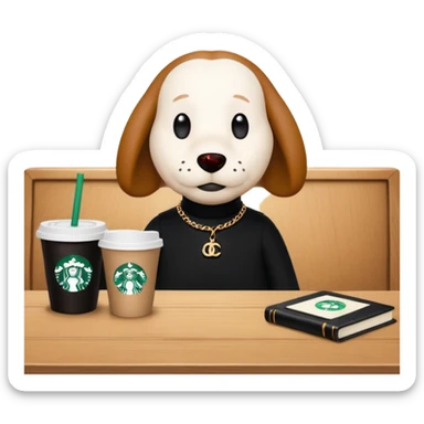 snoopy in a desk with starbucks and his chanel purse sticker