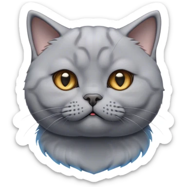 Cinematic Cute Bored Grey British Shorthair Cat Portrait Emoji, Head tilted slightly with a scrunched, bored expression, sleek soft grey fur with subtle blue undertones, Simplified yet adorable features, highly detailed, glowing with a soft, friendly glow, high shine, curious but clearly uninterested, stylized with a touch of whimsy, soft glowing outline, capturing the essence of a bored yet irresistibly cute kitty, so endearing it feels like it could tilt its head and let out a dramatic sigh at any moment! sticker