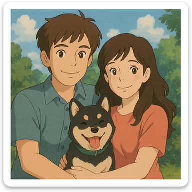 couple with pet posing for photo sticker
