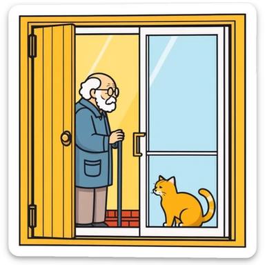  old blind man  looking through glass door at ￼his golden cat  sticker