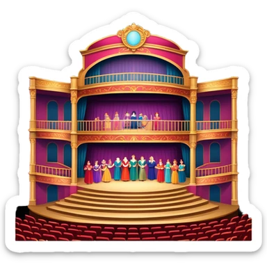 An icon showing a grand theater stage with actors performing in a vibrant play, surrounded by dramatic lighting. The audience watches from colorful balconies, adding to the lively atmosphere. The design captures the magic of live theater, set against a transparent background. sticker