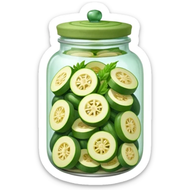 A homemade-style jar with sliced zucchini and herbs under a cloth cap.









 sticker
