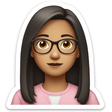 A young girl, around 10-12 years old, with shoulder-length dark hair and wearing light pink-framed glasses. She has a calm and neutral expression sticker