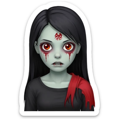 Garota zumbi com cabelo todo preto liso longo e mechas vermelhas na lateral da cabeça dos dois lados, usando uma blusa com um lado da manga caida preta  sticker