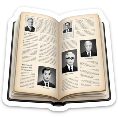 Icon for Non-Fiction & Narrative Reading: an open book with historical facts and narrative text on the pages, featuring black-and-white photos, news clippings, and an open folder with top-secret documents. Transparent background. sticker