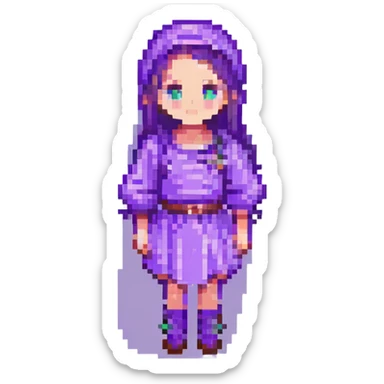 Change the girl's clothes to purple, keep the pixel art style, with no background. sticker