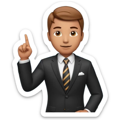 A stylized 3D emoji icon of a male financial analyst in a sharp formal suit and tie. He has a confident, speaking expression and is pointing his finger back towards a large digital screen behind him. The screen is glowing with complex financial line graphs, upward arrow trends. sticker
