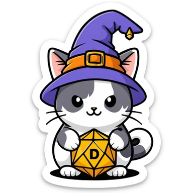 Calico cat in wizards hat with a d20 die  sticker