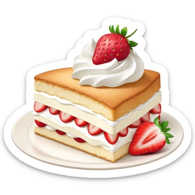 slice of strawberry shortcake with whipped cream, soft and light colors, smooth texture, bright and appetizing, minimal details, glossy highlights
 sticker