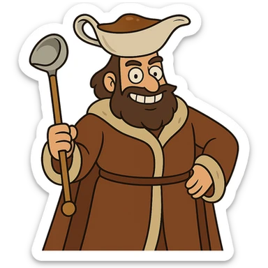 cartoonish Gravy Lord kingly figure with a gravy boat crown, brown robe, scepter shaped like a gravy ladle, smiling confidently sticker