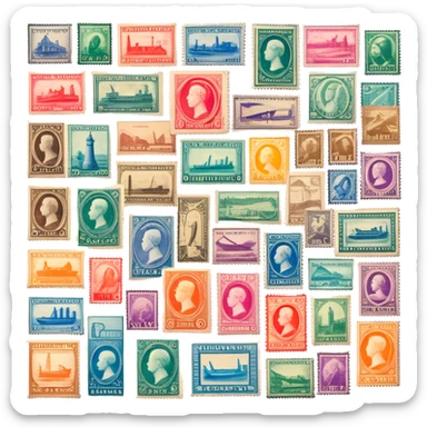 Icon for Stamp Collecting: a collection of vintage and colorful stamps arranged in an album or on a desk, with a large stamp block in the center showcasing different themes. The icon should reflect the charm and history of philately. Transparent background. sticker
