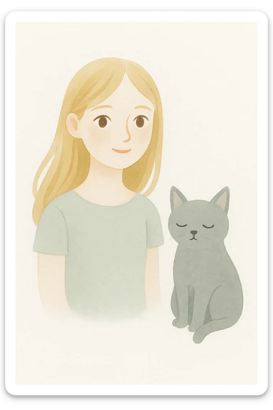 Change the girl's hairstyle to loose waves, keep long blond hair, brown eyes, and a grey cat, in a painterly, whimsical style with soft watercolor textures and delicate brush strokes. sticker