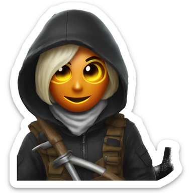Human female pumpkin hunter with a scythe, glowing pumpkin eyes inside a black helmet, Halloween theme, emoji" sticker