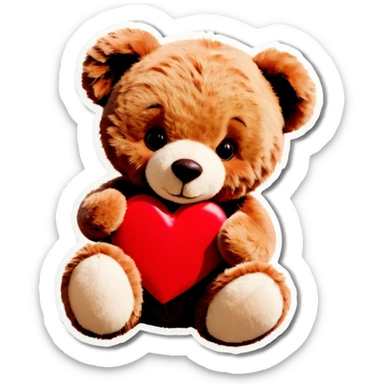 A photo Realistic teddy bear holding a red heart sticker