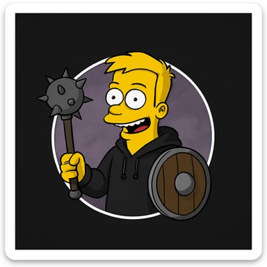 Regenerate the image keeping the same angle, facial expression, clothing, size ratio and shapes, but replace the computer, keyboard, and headset with a medieval mace and shield. Maintain the original style and color scheme as in the reference image. sticker