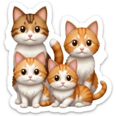 3 small cats different colours including brown tabby and white, light patchy calico, and ginger and white sticker
