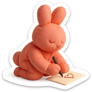 coral bunny kneeling while writing a love letter, cushion style sticker