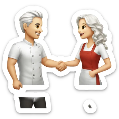 restaurant owner and blogger shaking hands, both with white skin, in great detail sticker