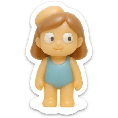 Edit the beach girl to have a soft, subtle, almost unnoticeable smile so she looks happy but not freaky. Keep her very transparent with derpy, oversized white eyes and small black pupils looking in different directions. She should wear a simple blue one-piece swimsuit, standing in a neutral pose, much smaller in the frame so her entire body is visible with no cropping. Use the retro 90's toy style: very transparent, slightly see-through, natural tan skin, brown hair, soft plastic texture, soft reflections, soft and squishy, some cloudiness, not shiny, highly detailed, appealing, no tag, no background. sticker