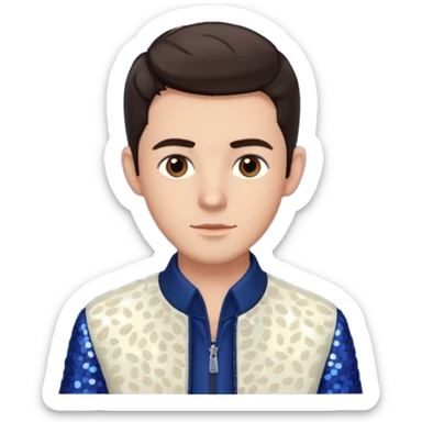 Jonathan Bailey with dark brown hair, brown eye, ivory sequin jacket, navy blue shirt sticker