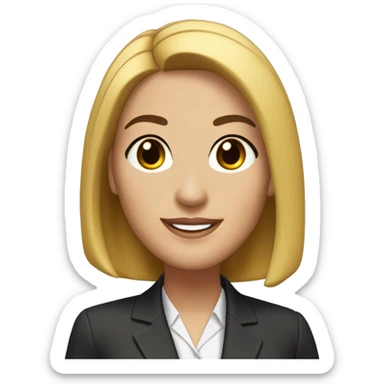 customer serice staff, with straight, dark shoulder-length hair styled in a sleek bob. She has large, expressive brown eyes with prominent eyelashes and a subtle, friendly smile. Her attire includes a dark blazer professional sticker