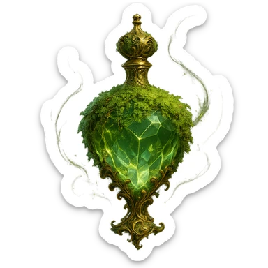luxurious crystal elixir bottle covered with living green moss, lots of glowing edges, ornate golden details, magical effects, very small golden neck, beautiful merging base, clearly floating in air, no base or shadow, premium class impression, natural and magical design, fits crystal, luxurious, magical bottle collection, transparent background sticker