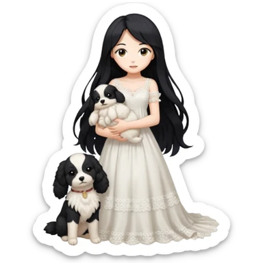 Pastel anime lady long hair with long lace dress full body holding puppy sticker