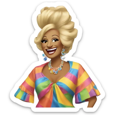 “Celia Cruz in a colorful outfit, smiling and performing with musical notes around her.” sticker