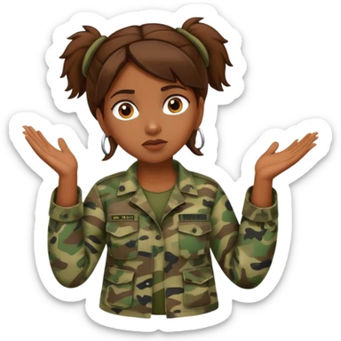 brown-skinned girl in camouflage, brown hair, shrugging sticker