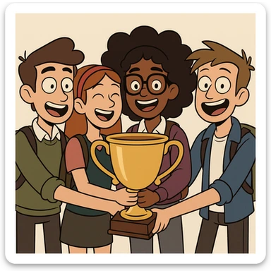 équipe de quatre étudiants, tous souriants, tenant un grand trophée, style dessin animé moderne, fond minimaliste sticker