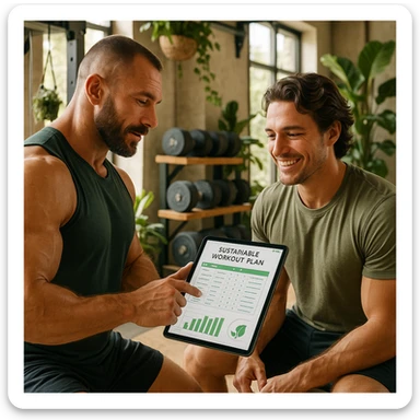 Hyperrealistic 4K image of a bodybuilding coach showing a sustainable workout plan on a tablet to a smiling client in a gym with eco-friendly details like plants and recycled material equipment. Motivational atmosphere with natural light and modern sustainable gym design. sticker