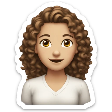a white girl with brown curly long hair, brown eyes and smiling  sticker