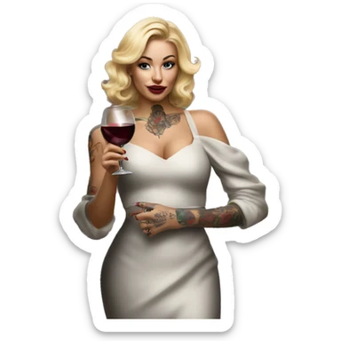 Blonde elegant women, her body covered with tattoos, wine in her one hand, pointing myself with her other hand , Hyper realistic sticker