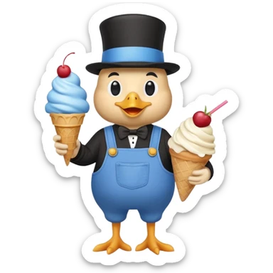 chicken in blue overalls and a black top hat, with an ice cream sundae sticker