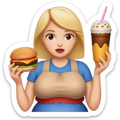 woman stuffing her face with the crumbs laying on her big belly and a burger and milkshake in her hand spilling all over sticker