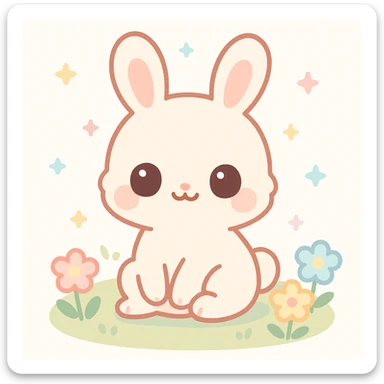 adorable chibi bunny with big round eyes, soft fluffy fur, pink cheeks, sitting on grass with colorful flowers, pastel colors, springtime, kawaii digital cartoon, high resolution sticker