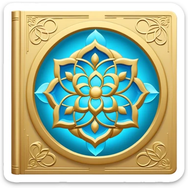 Un libro book dorado y azul celeste con detalles esmeralda, bordes luminosos y un símbolo de círculo zen, loto en la portada, irradiando presencia, tranquilidad y despertar espiritual. portada de libro sticker
