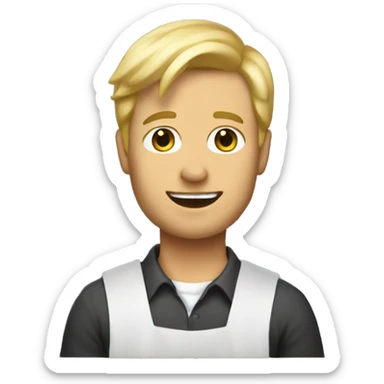 a guy with blond hair and dressed like a painter holding a painting sticker