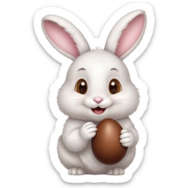 Cute Easter bunny happily eating a chocolate egg sticker