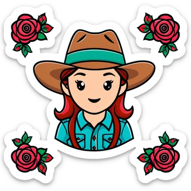 Denim cowgirl hat with red roses around the brim sticker