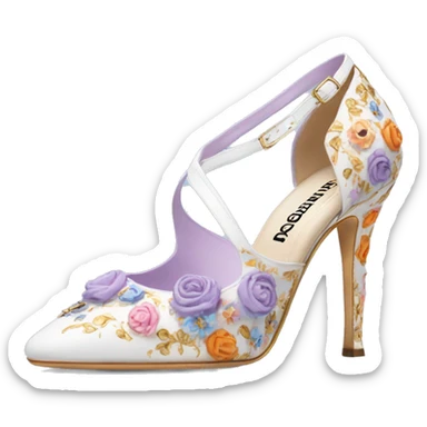 Dolce and Gabbana white high heels with colourful lavender light blue orange pink summer print and golden detais 2023 sticker