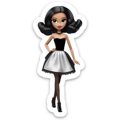  Bunny Wednesday Addams Barbie dancing.  Cute eye makeup face. Longer hair, short black flowing strapless tight evening gown with  plunging neckline that’s off-the-shoulders that also shows her legs and black shiny velvet high heel shoes. sticker