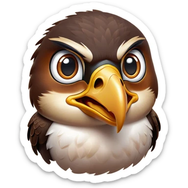 Cinematic Comical Falcon Portrait Emoji, Head tilted dramatically with an exaggeratedly shocked expression, featuring a sharply defined beak and wide, comically expressive eyes full of playful disbelief, Simplified yet hilariously expressive features, highly detailed, glowing with a slightly sassy glow, high shine, dramatic yet playful, stylized with an air of cheeky aerial mischief, soft glowing outline, capturing the essence of a meme-worthy falcon that looks ready to side-eye its way into viral fame! sticker