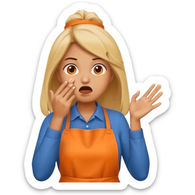 scared woman with her hands on her mouth, emoji style, more details, sideways pose, orange apron, different pose, different background sticker