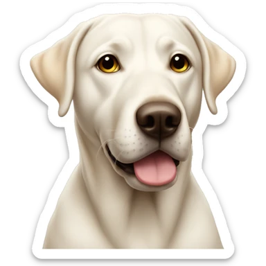 White lab wearing poop emoji on its head sticker